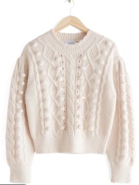 & Other Stories Cream Cable Knit Wool Blend Sweater with Pom Pom Details